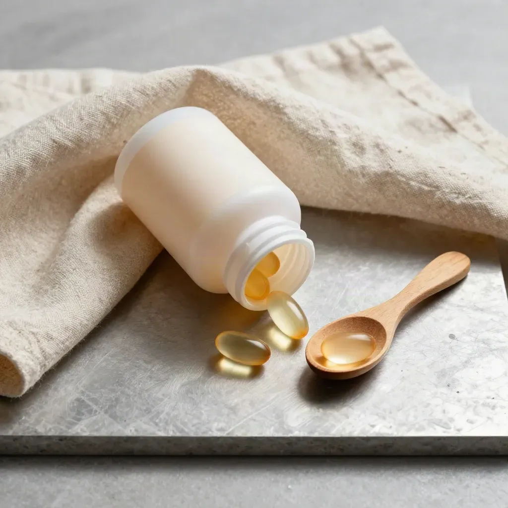 Flatlay of a softgel bottle in cream linen with loose capsules and a wooden scoop