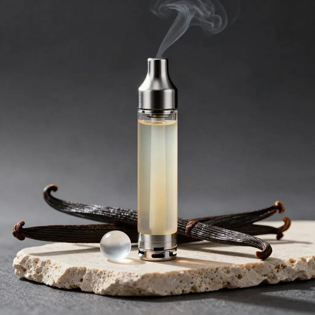 Vanilla vape cartridge with vanilla pod, glass pebble and vapor curl on a dark studio slab.