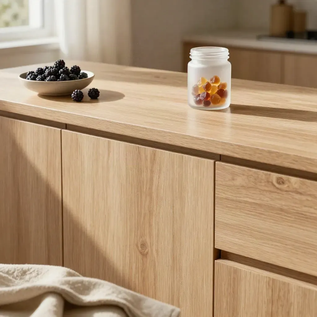 Pale oak counter with berries, linen, and a small wellness jar in soft morning light.