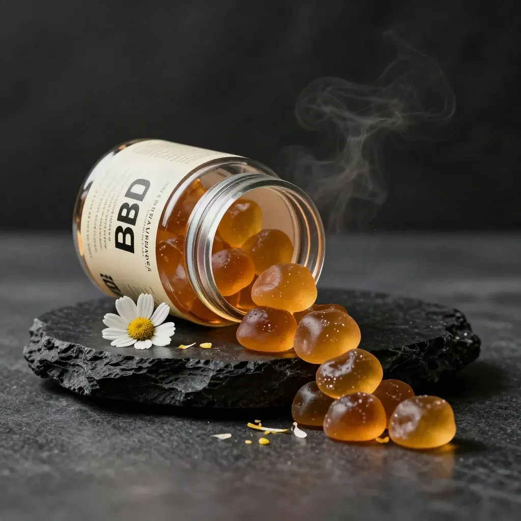 Unlabelled CBD stress gummies jar tipping forward with gummies and chamomile on a dark studio plinth.